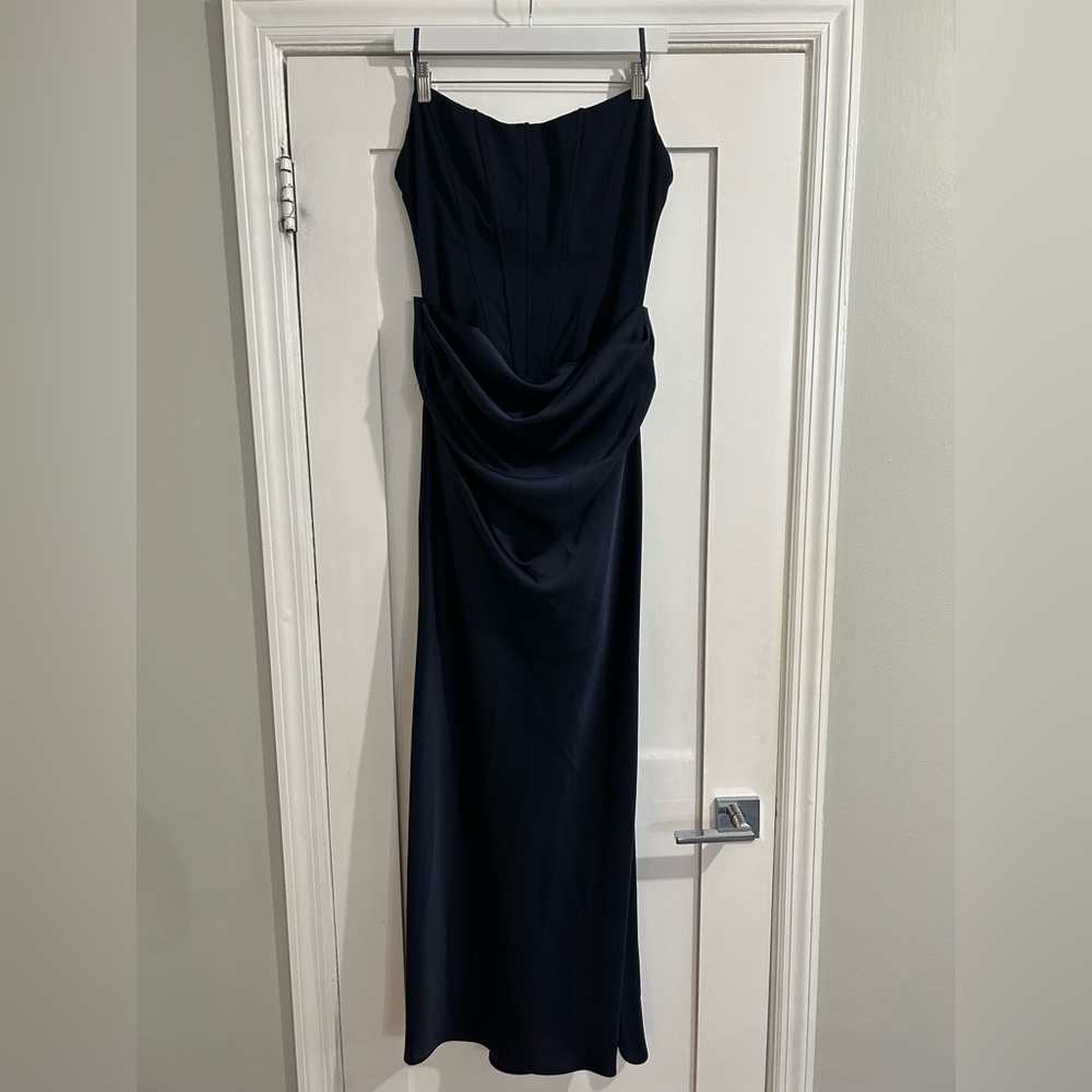 Aqua Navy Strapless Draped Wedding Guest Dress